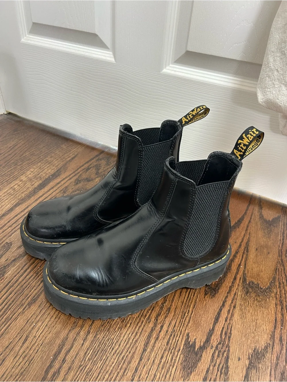 Dr. Martens Black Leather Platform Chelsea Boot with Yellow Tab